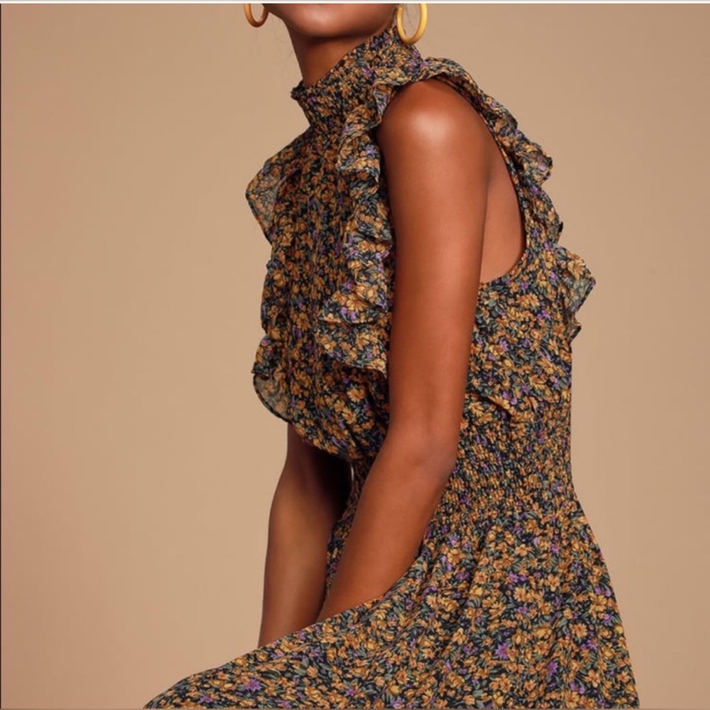 Lulu's Evalina Mustard Floral Ruffle Midi Dress, Size XXS
